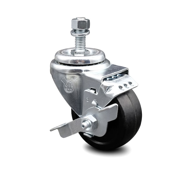 3.5 Inch Soft Rubber Wheel Swivel 1/2 Inch Threaded Stem Caster with Brake SCC